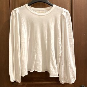 The GREAT. White Cropped Raw Hem Puff Sleeve Top.